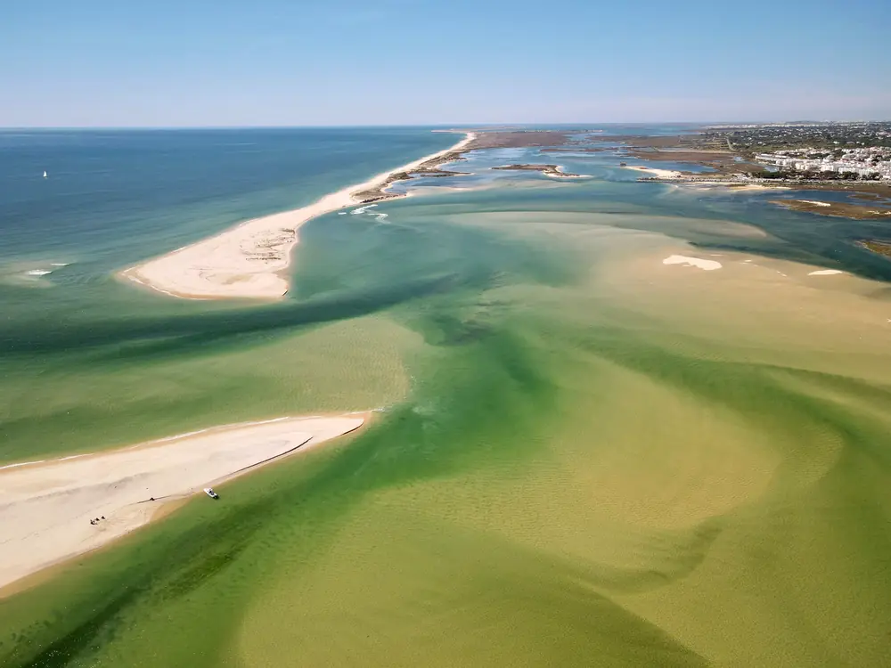 Aerial view of sandbanks and channels in the Ria Formosa