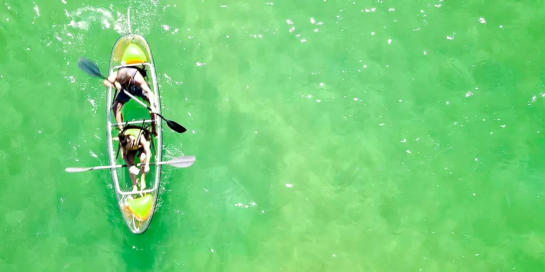 A clear kayak on bright green shallow water, from above