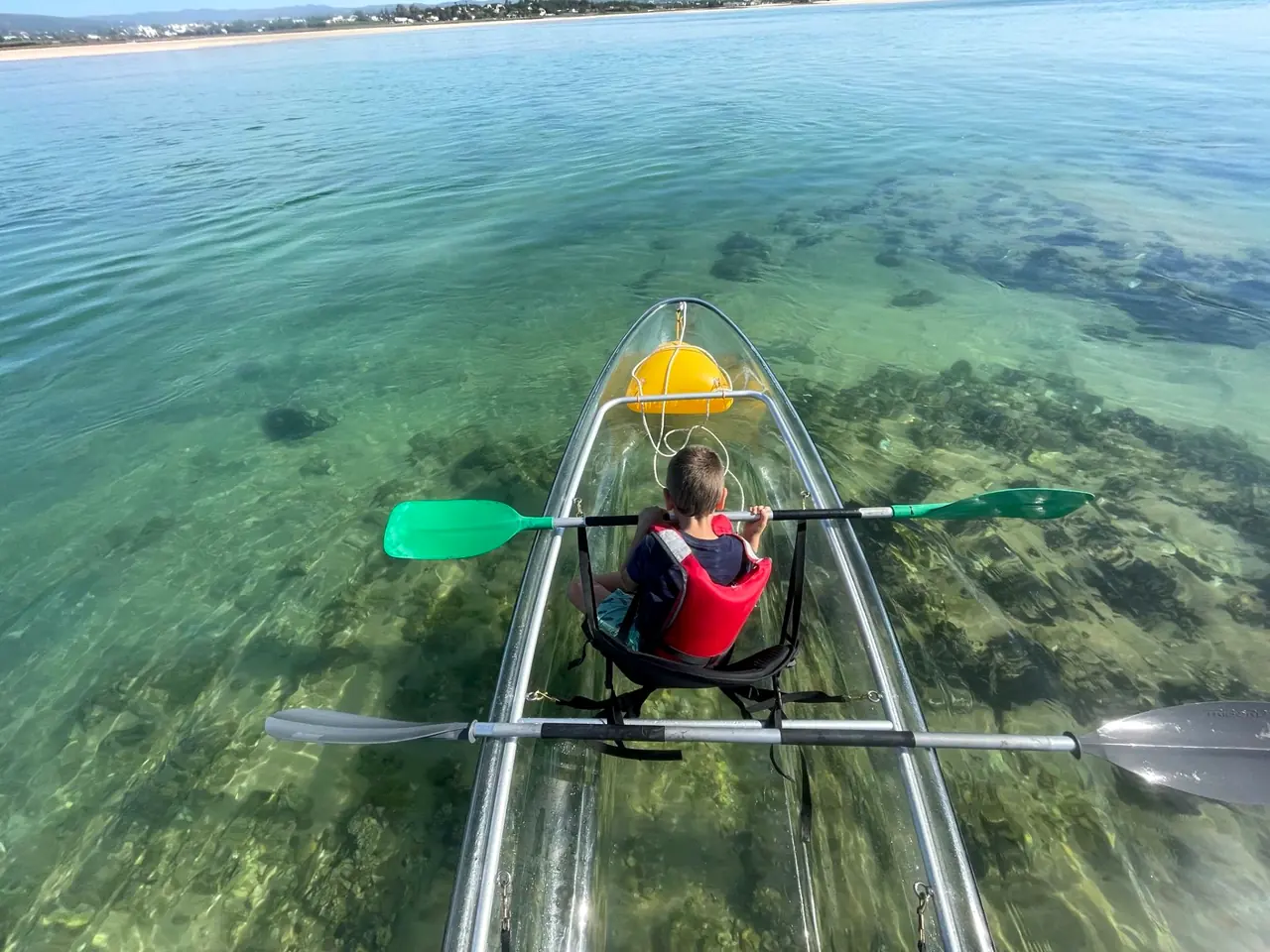Looking down over a child’s shoulders through the transparent hull of a clear kayak, onto seagrass and sand in the shallow lagoon